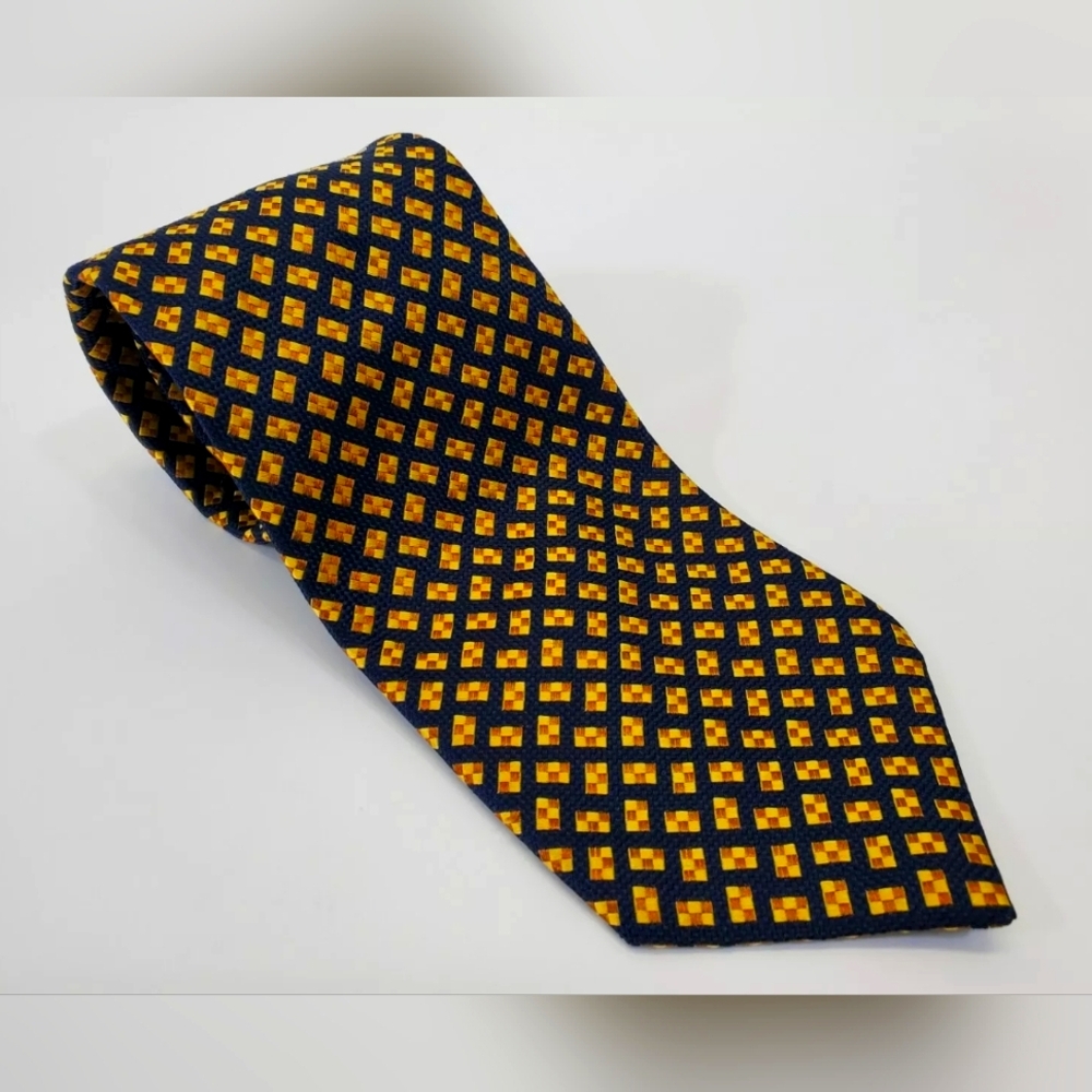 Men's Hilditch & Key Classic Neck Tie‎ 100% Silk Navy Blue Gold Checkered EUC